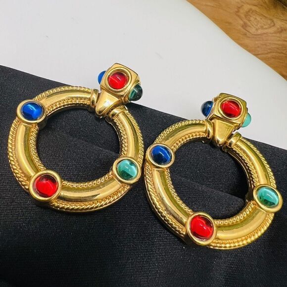 Vintage Mogul Jewels Gripoix Dangle Door Knocker Gold Red Blue Green Earrings - Picture 5 of 10